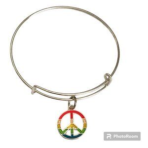 Peace Sign Charm Bracelet Silver Plated Adjustable Rainbow Hippie LGBT Retro